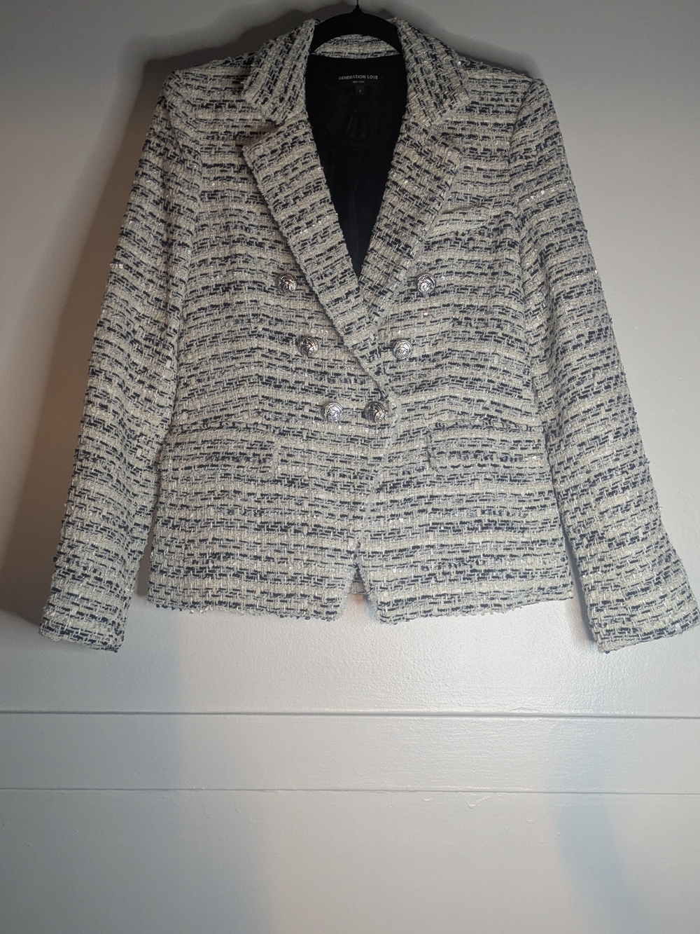 Generation Love Cream & Black Tweed Double-Breasted Blazer